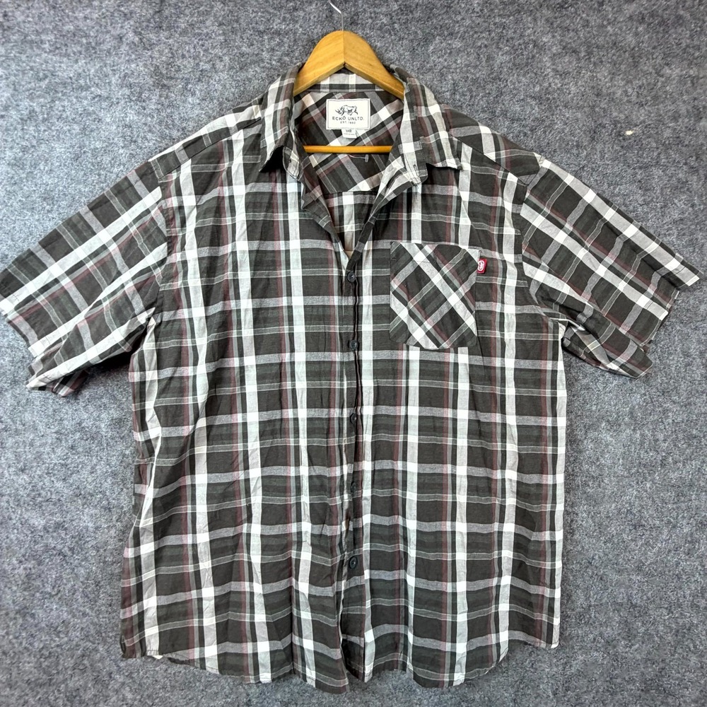 Ecko Unltd Shirt Mens 3XB Gray White Plaid Cotton Short Sleeve Casual Button Up